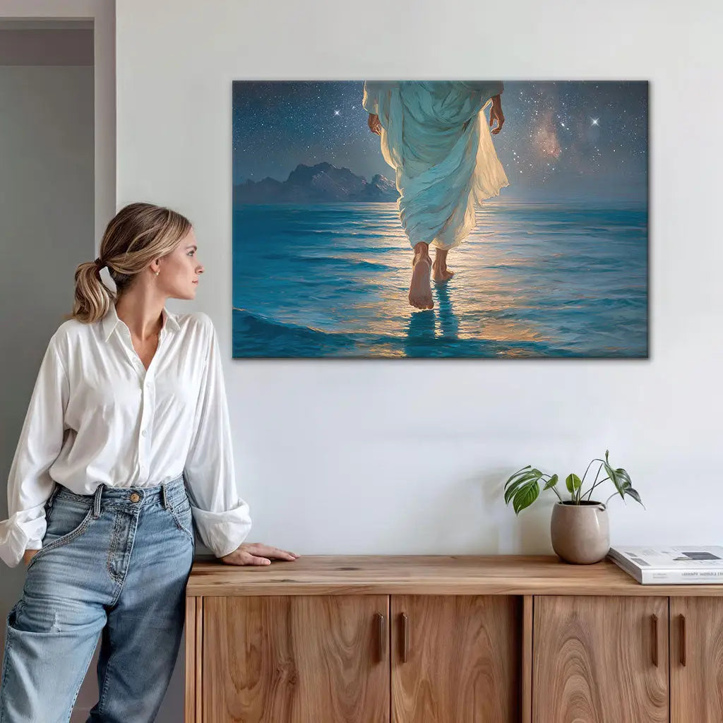 Jesus Walking on Water Christian Wall Art Canvas – Calm Sea, Glowing Night Sky