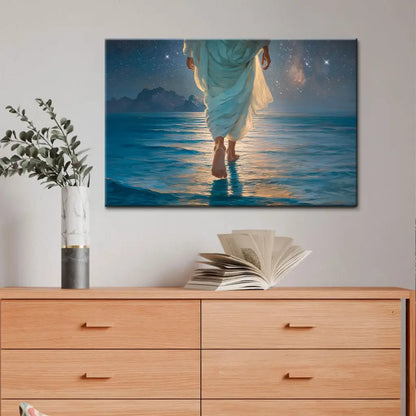 Jesus Walking on Water Christian Wall Art Canvas – Calm Sea, Glowing Night Sky