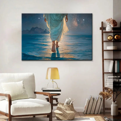 Jesus Walking on Water Christian Wall Art Canvas – Calm Sea, Glowing Night Sky