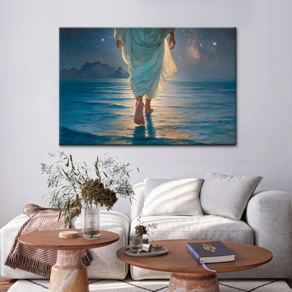 Jesus Walking on Water Christian Wall Art Canvas – Calm Sea, Glowing Night Sky