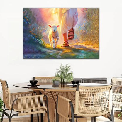 Jesus Walking With Lamb Wall Art Canvas