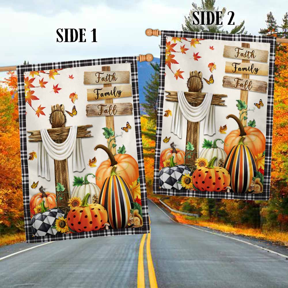 Fall Flag Faith, Family, Fall Christian Cross Pumpkins Thanksgiving Flag TPT352Fv2