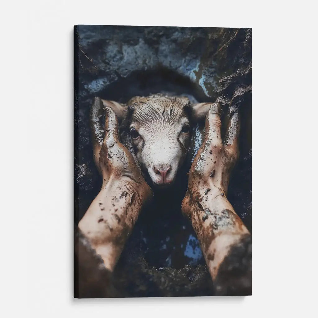 Jesus Rescues The Lost Lamb In The Mud - Christian Wall Art Canvas