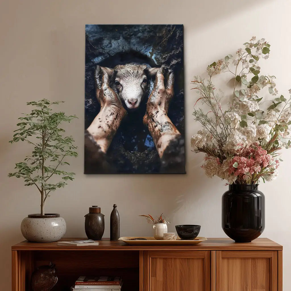 Jesus Rescues The Lost Lamb In The Mud - Christian Wall Art Canvas