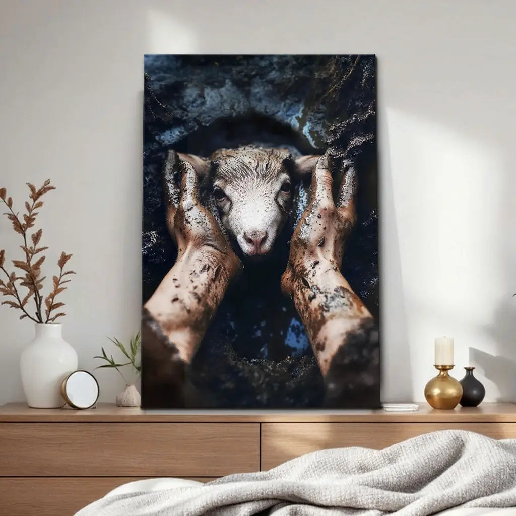 Jesus Rescues The Lost Lamb In The Mud - Christian Wall Art Canvas