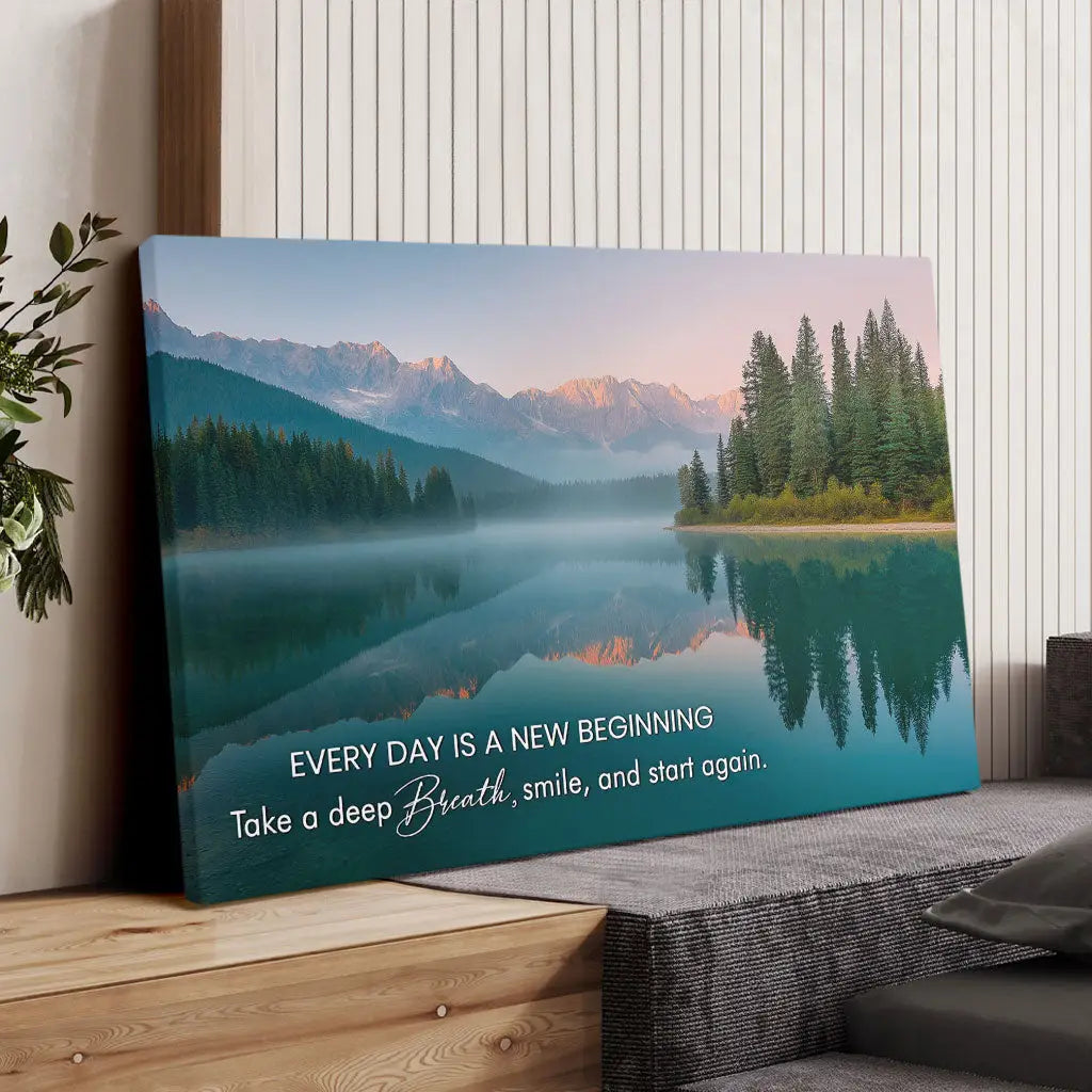 Every Day is a New Beginning – Serene Mountain Lake Christian Wall Art Canvas