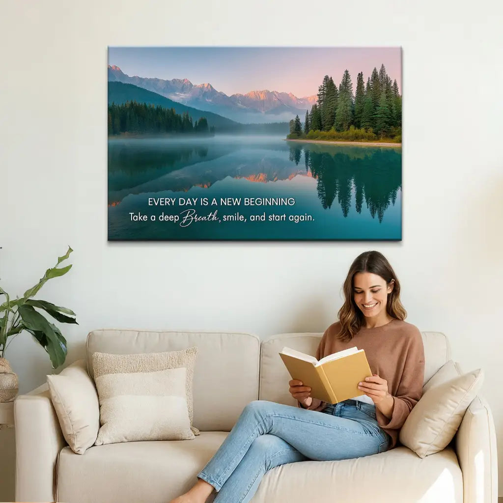 Every Day is a New Beginning – Serene Mountain Lake Christian Wall Art Canvas