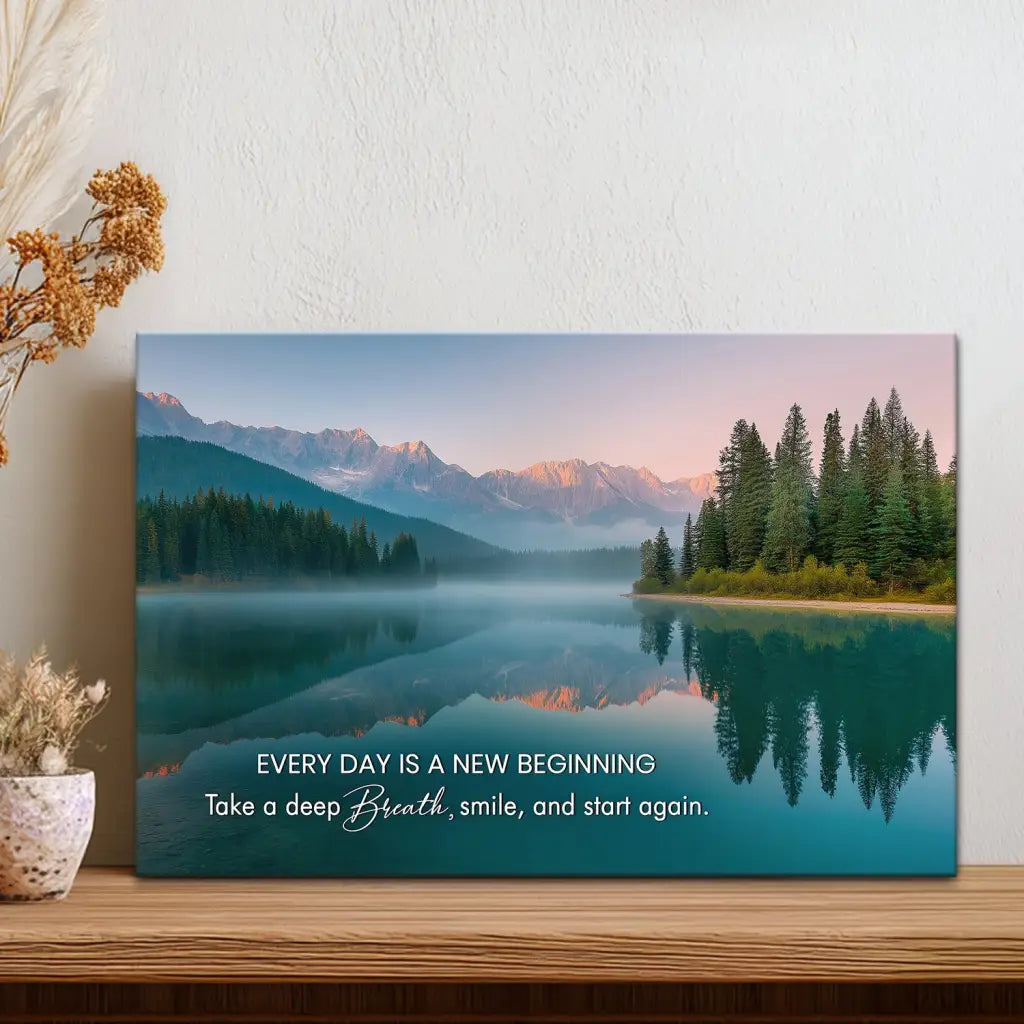 Every Day is a New Beginning – Serene Mountain Lake Christian Wall Art Canvas