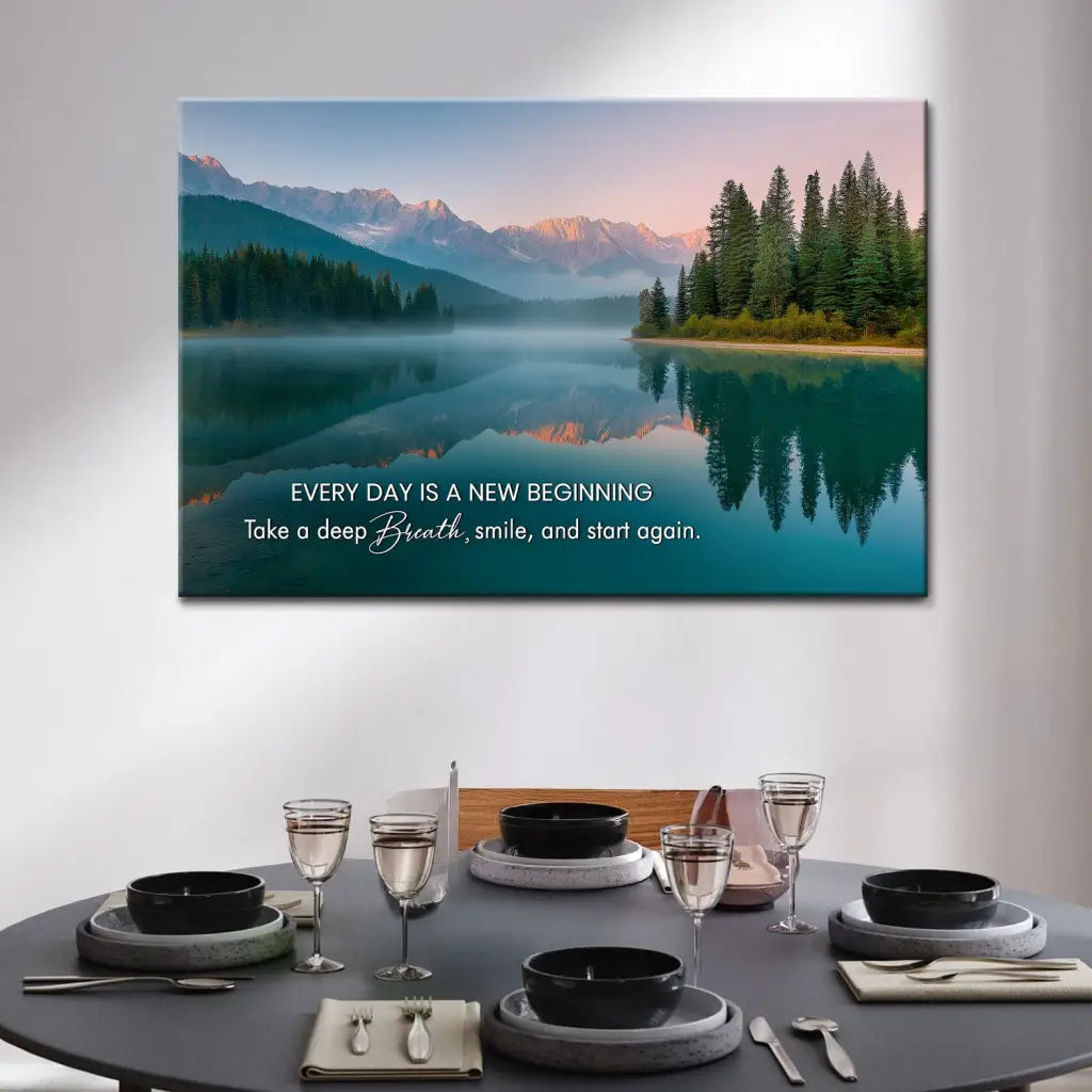 Every Day is a New Beginning – Serene Mountain Lake Christian Wall Art Canvas