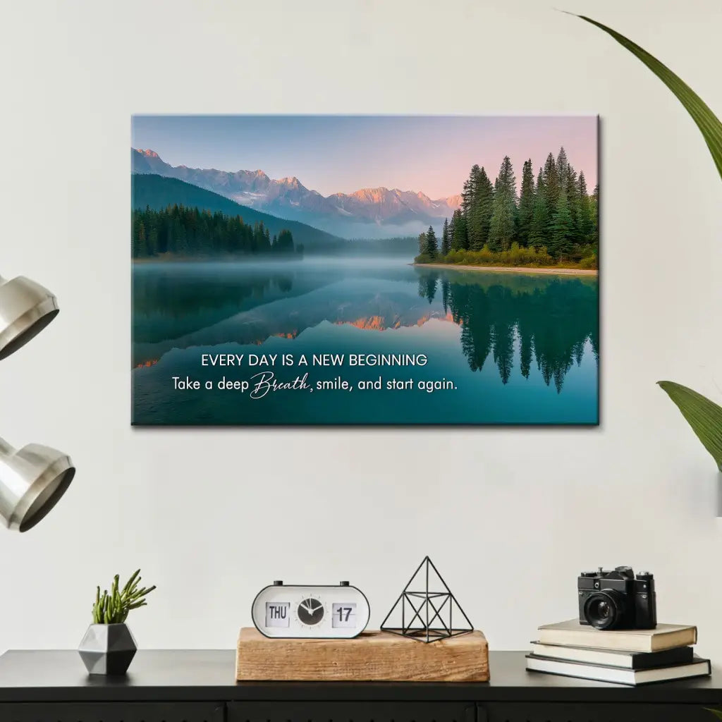 Every Day is a New Beginning – Serene Mountain Lake Christian Wall Art Canvas