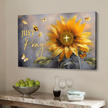 Christian Wall Art - Just Pray Canvas, Sunflower Butterfly