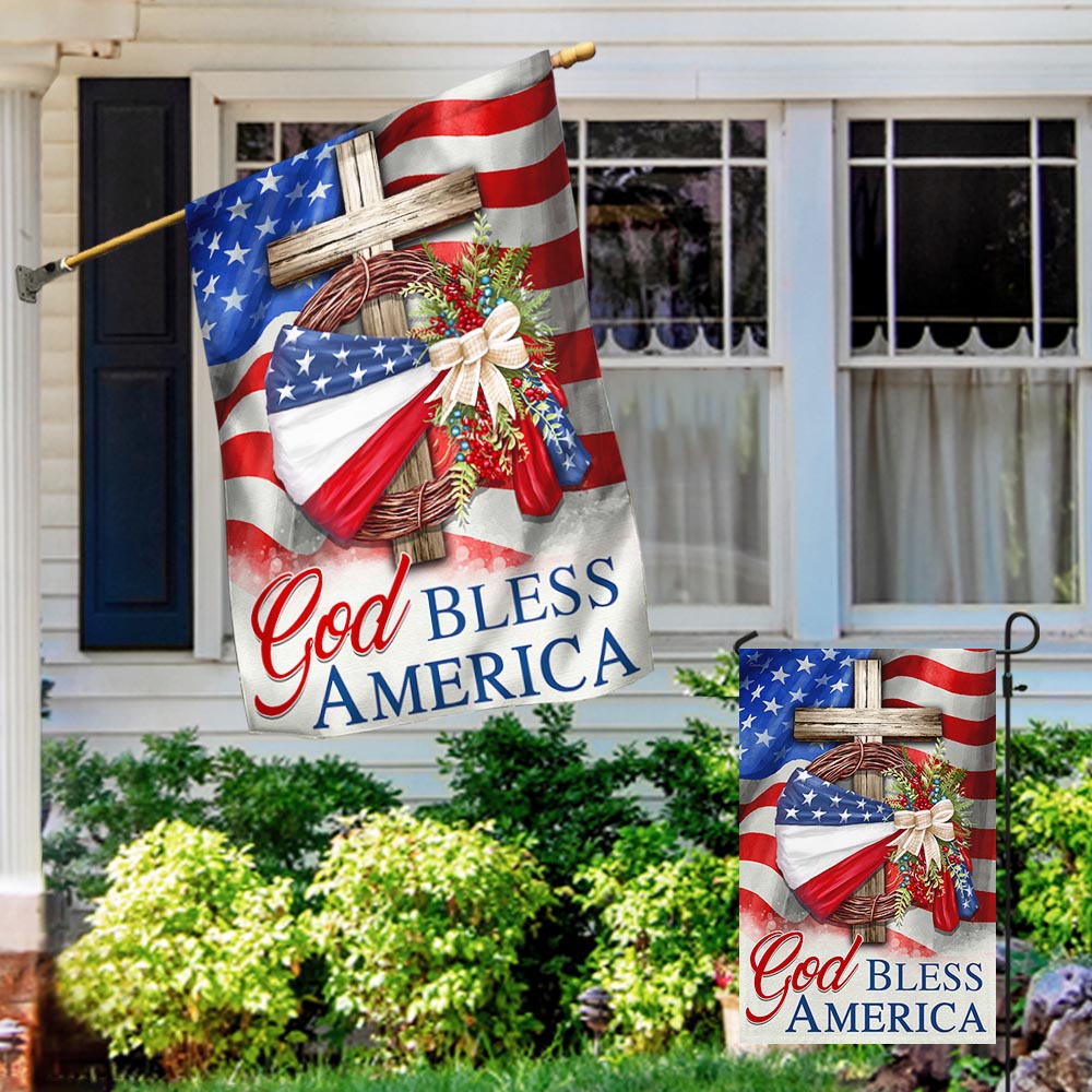 Flagwix American Flag - God Bless America American Wreath Patriot Christian Cross Flag