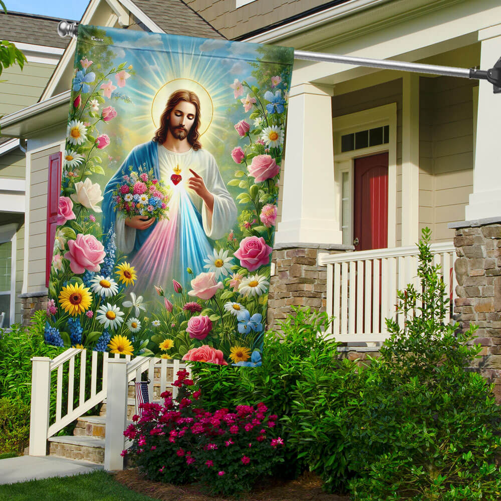 Jesus Holding Flowers Garden Spring Flag
