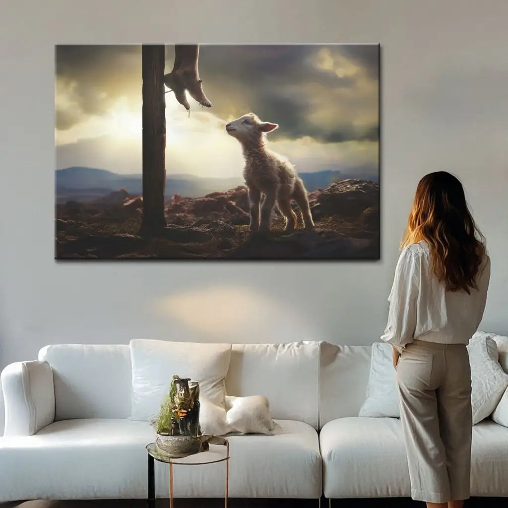 Lamb Looking Up at Feet of Jesus Wall Art Canvas