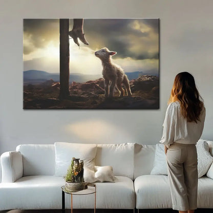 Lamb Looking Up at Feet of Jesus Wall Art Canvas