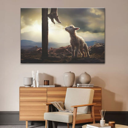 Lamb Looking Up at Feet of Jesus Wall Art Canvas