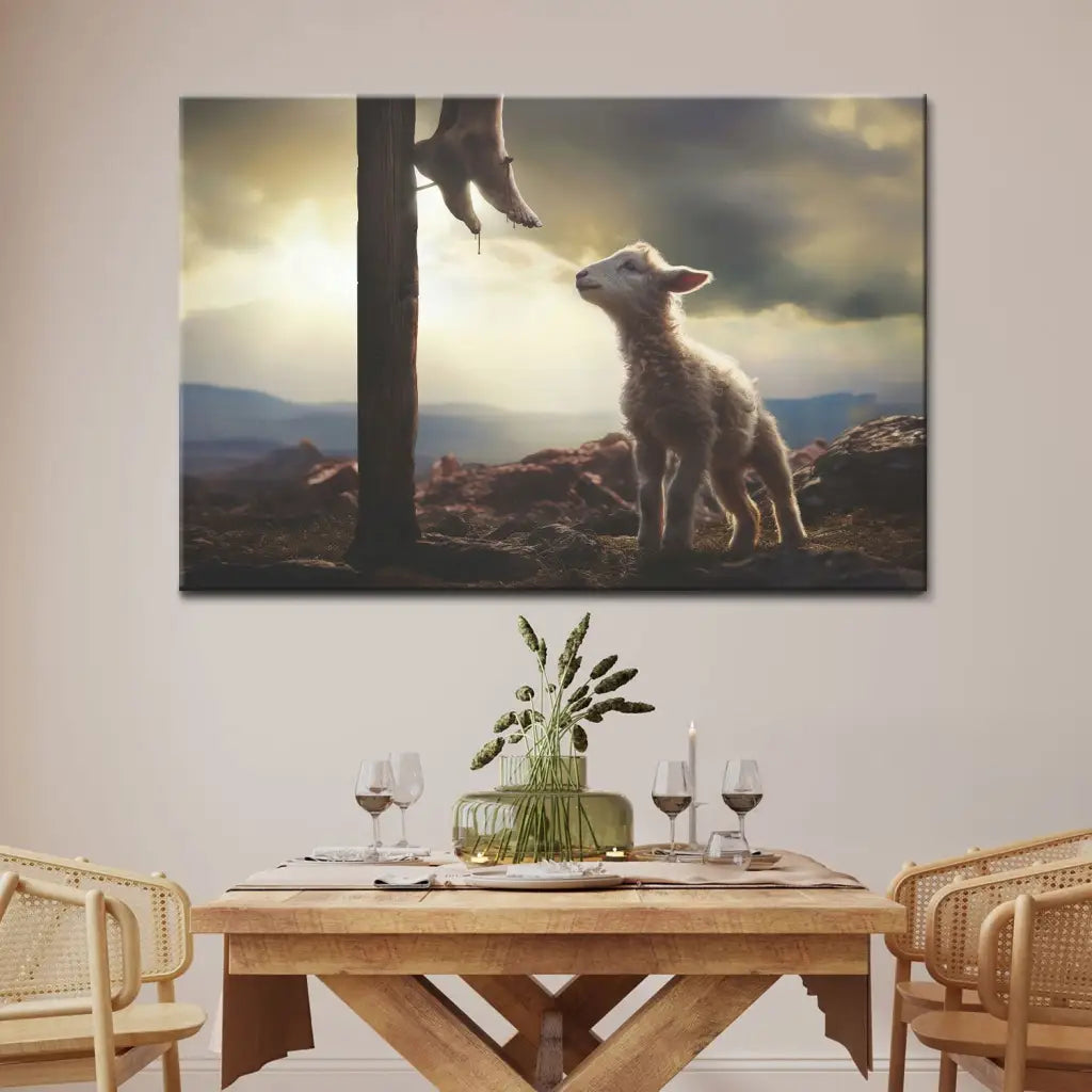 Lamb Looking Up at Feet of Jesus Wall Art Canvas