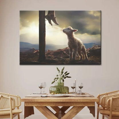 Lamb Looking Up at Feet of Jesus Wall Art Canvas