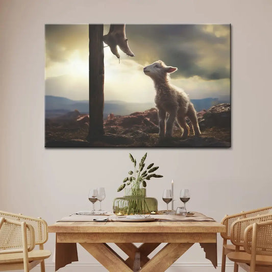 Lamb Looking Up at Feet of Jesus Wall Art Canvas