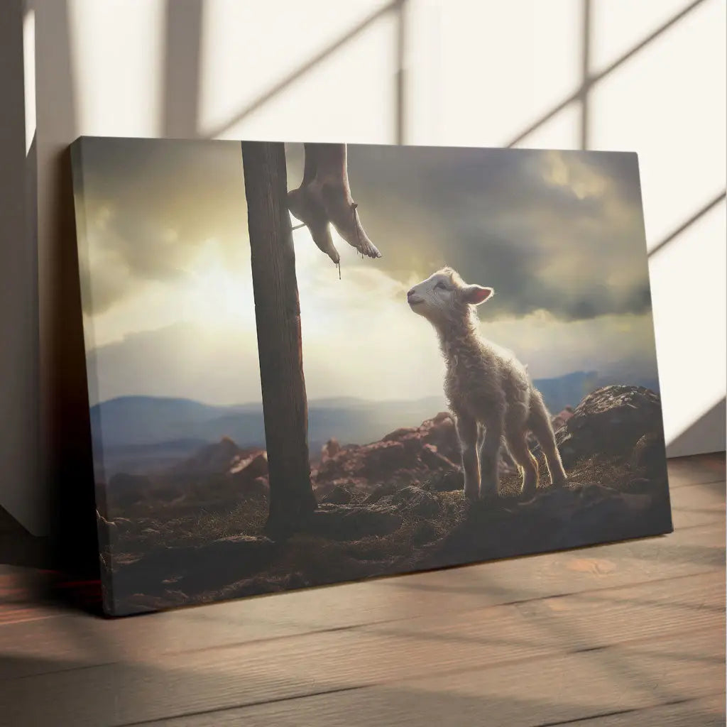 Lamb Looking Up at Feet of Jesus Wall Art Canvas