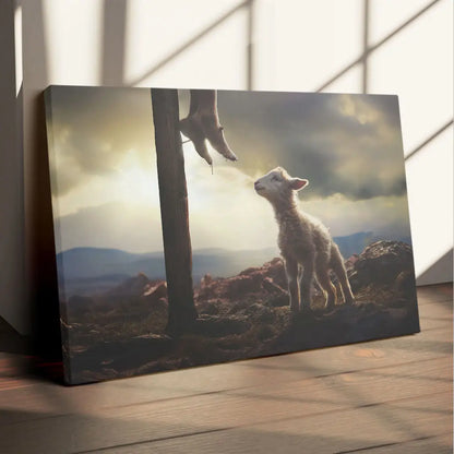 Lamb Looking Up at Feet of Jesus Wall Art Canvas