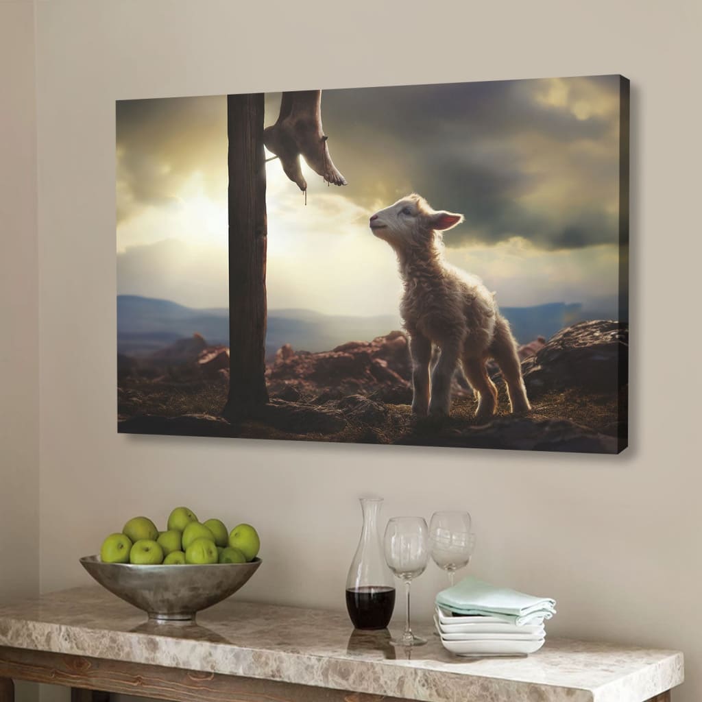 Lamb Looking Up at Feet of Jesus Wall Art Canvas