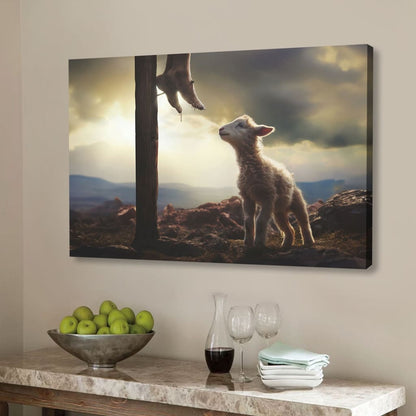 Lamb Looking Up at Feet of Jesus Wall Art Canvas