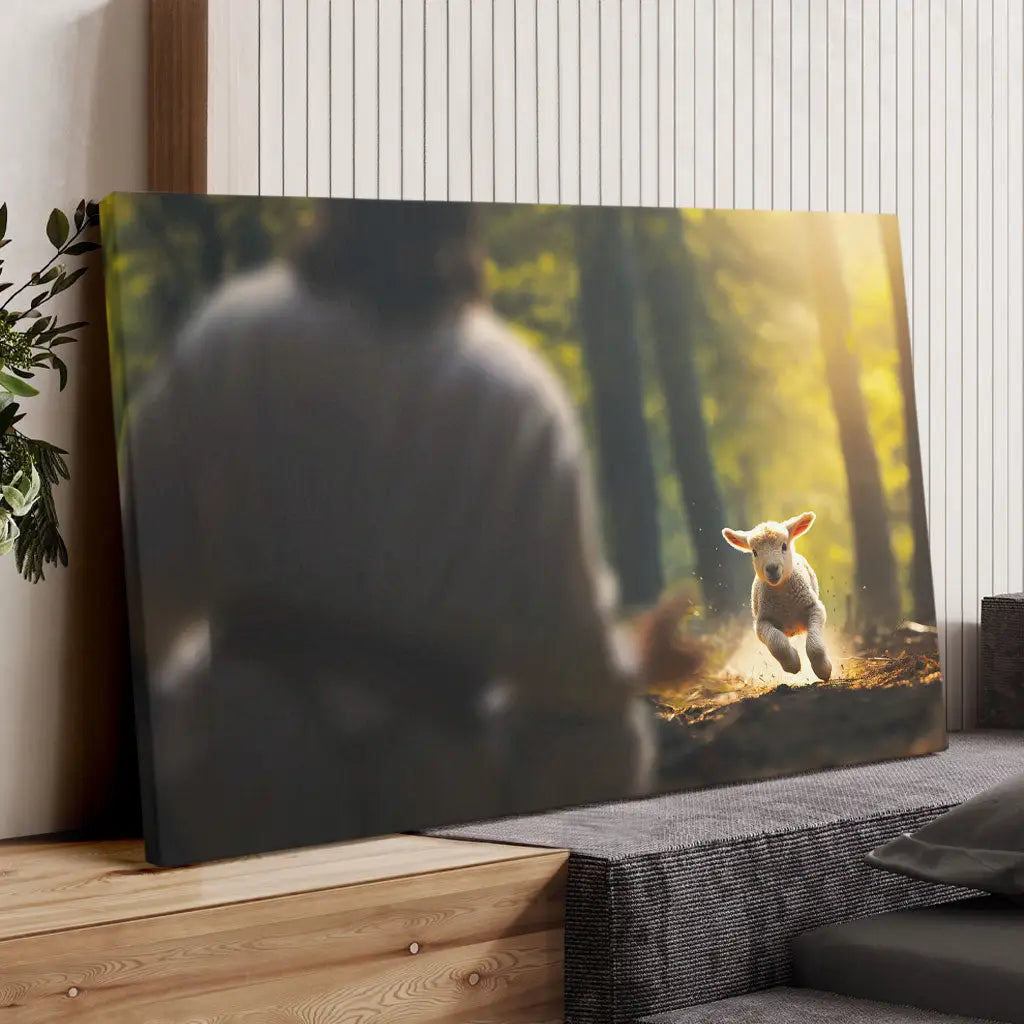 Lamb Running To Jesus In The Forest Wall Art Canvas