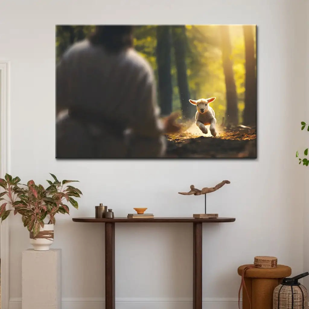 Lamb Running To Jesus In The Forest Wall Art Canvas