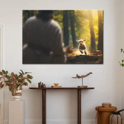 Lamb Running To Jesus In The Forest Wall Art Canvas