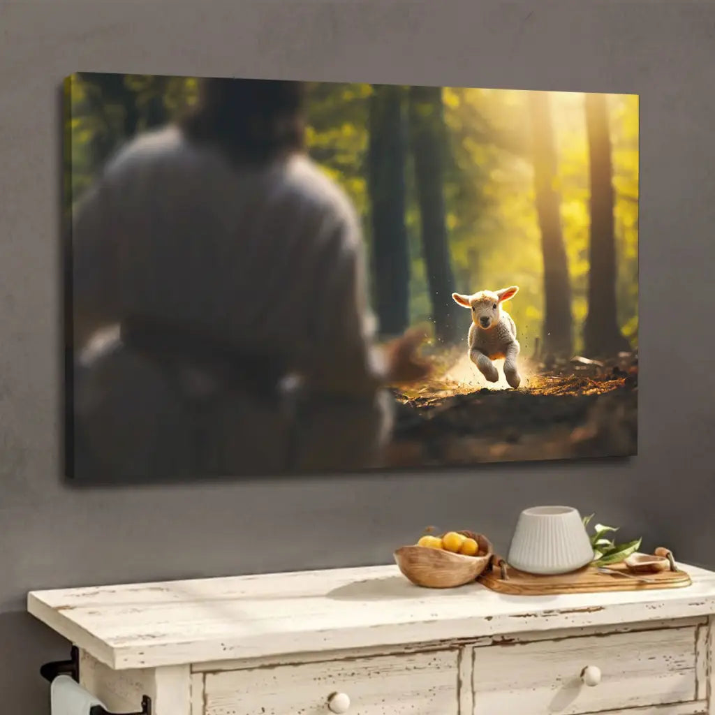 Lamb Running To Jesus In The Forest Wall Art Canvas