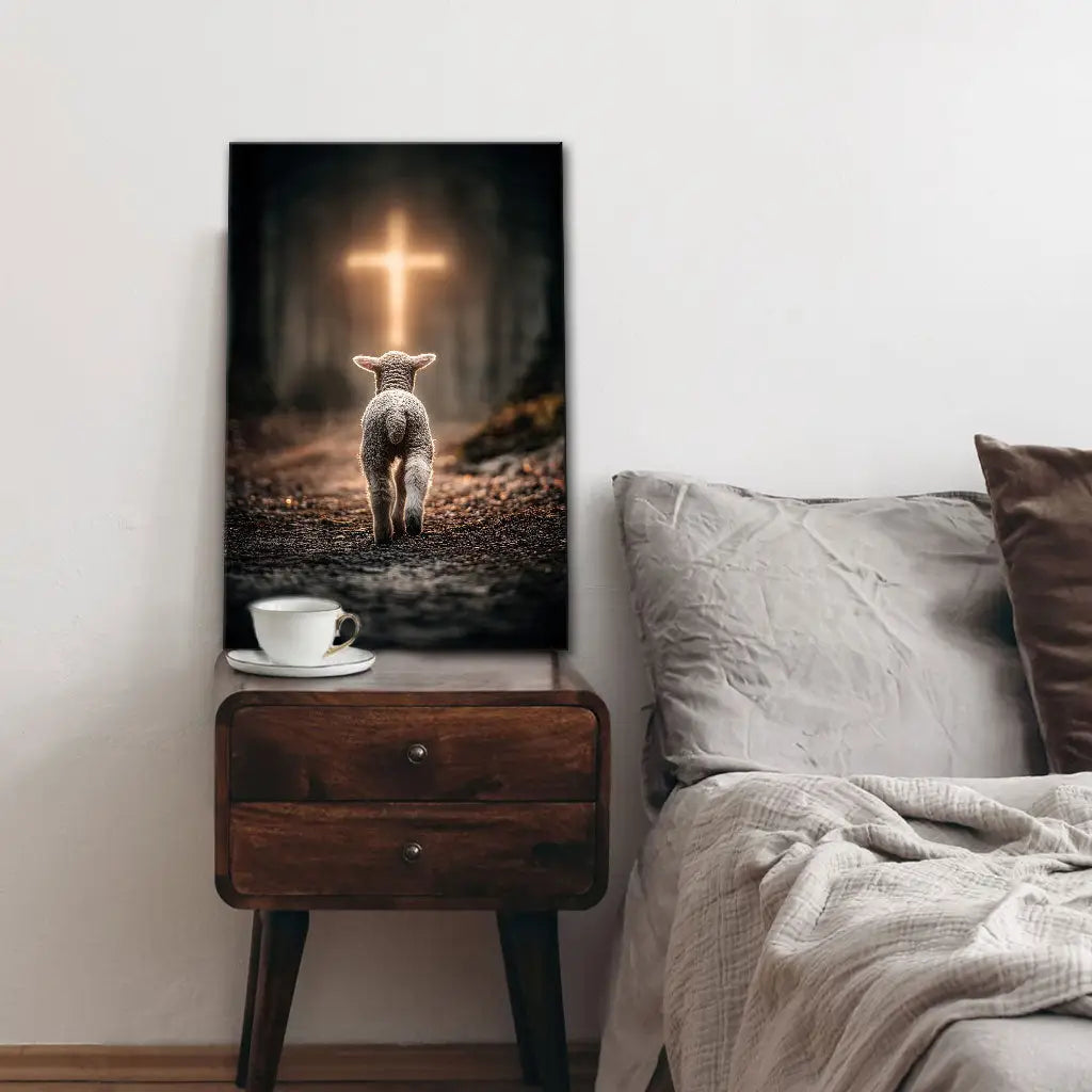 Lamb Walking Toward the Glowing Cross – Christian Wall Art Canvas