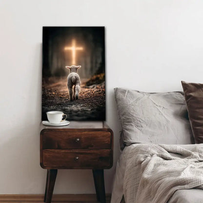 Lamb Walking Toward the Glowing Cross – Christian Wall Art Canvas