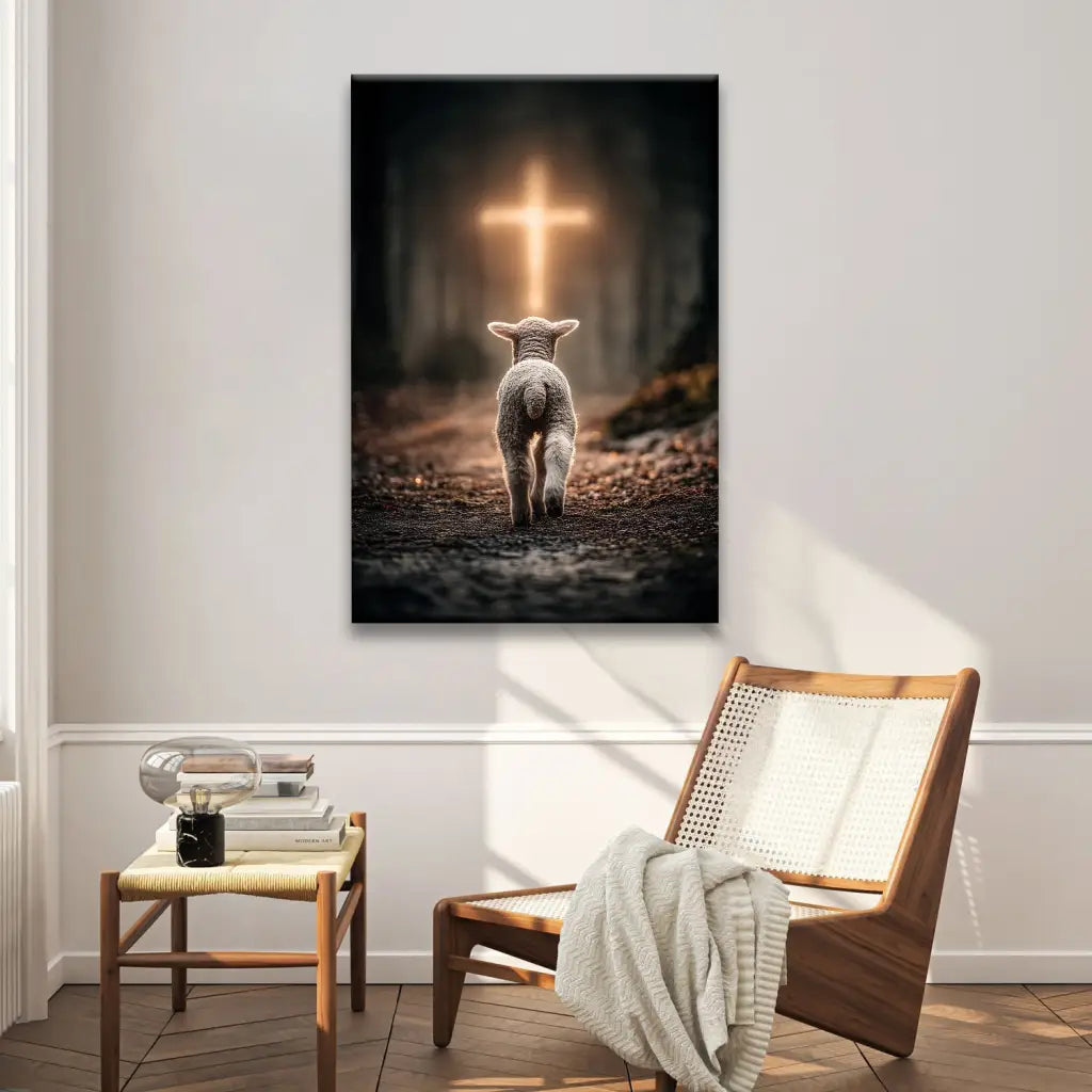 Lamb Walking Toward the Glowing Cross – Christian Wall Art Canvas