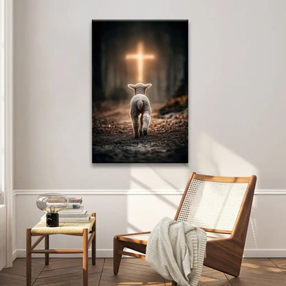Lamb Walking Toward the Glowing Cross – Christian Wall Art Canvas
