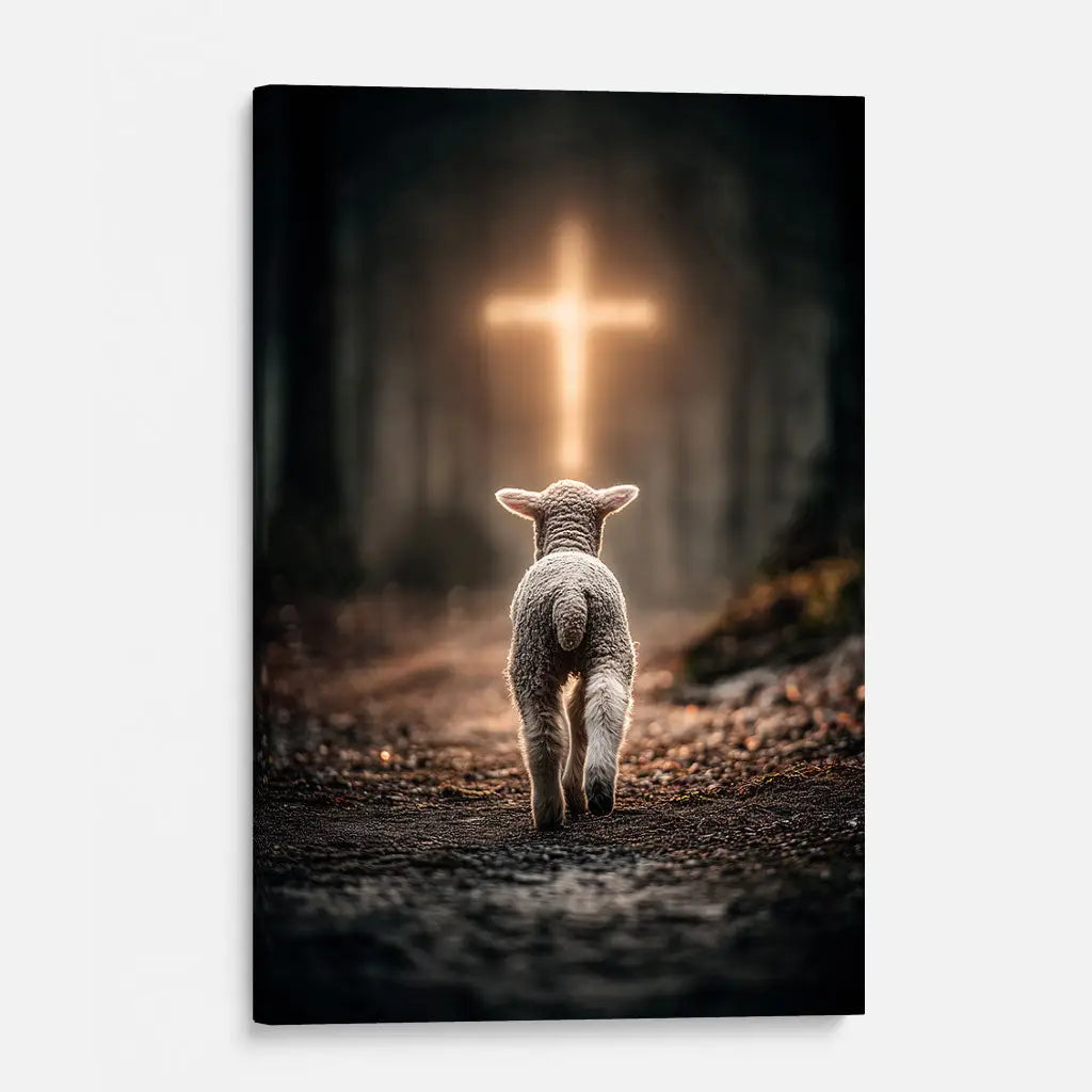 Lamb Walking Toward the Glowing Cross – Christian Wall Art Canvas