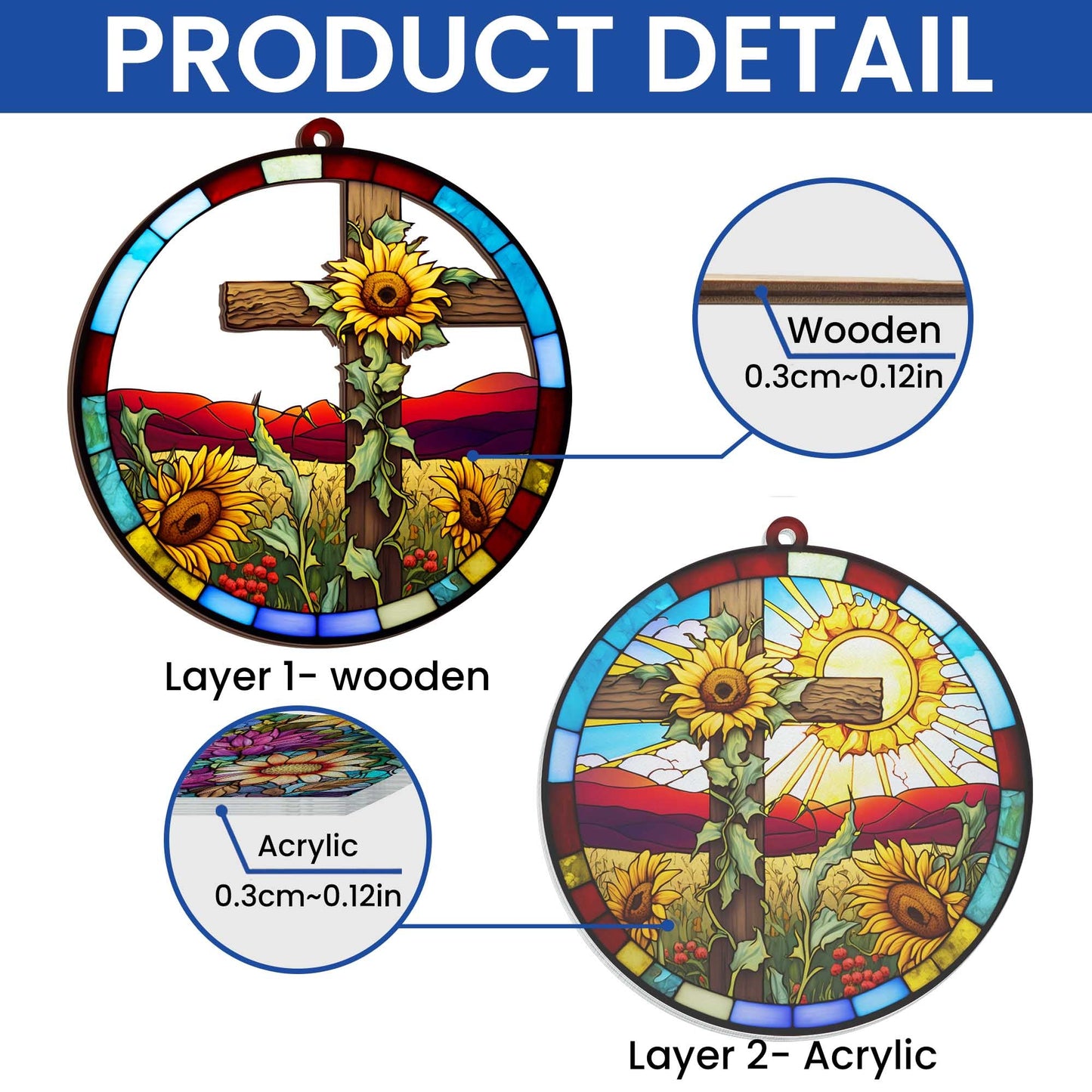 Christian Cross Sunflower 2 Layered Hanging Suncatcher