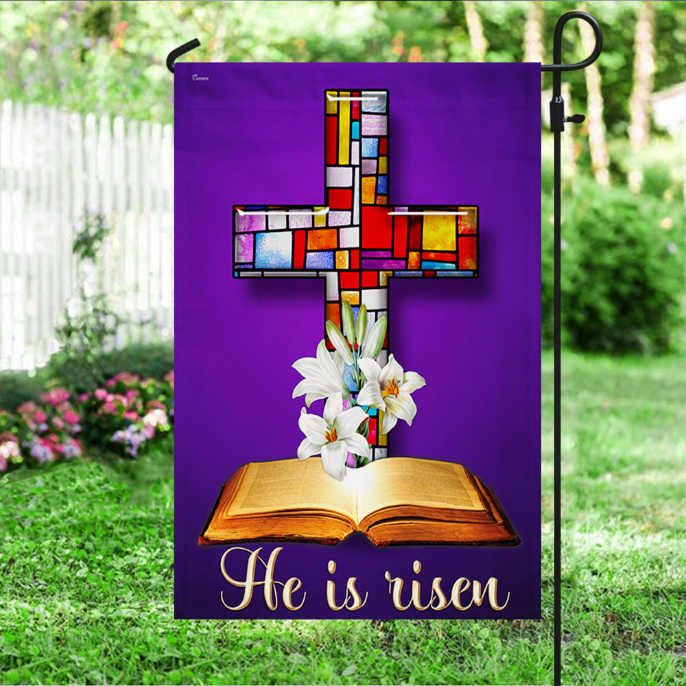 Stained Glass Christian Cross Jesus Christ Easter He Is Risen Flag