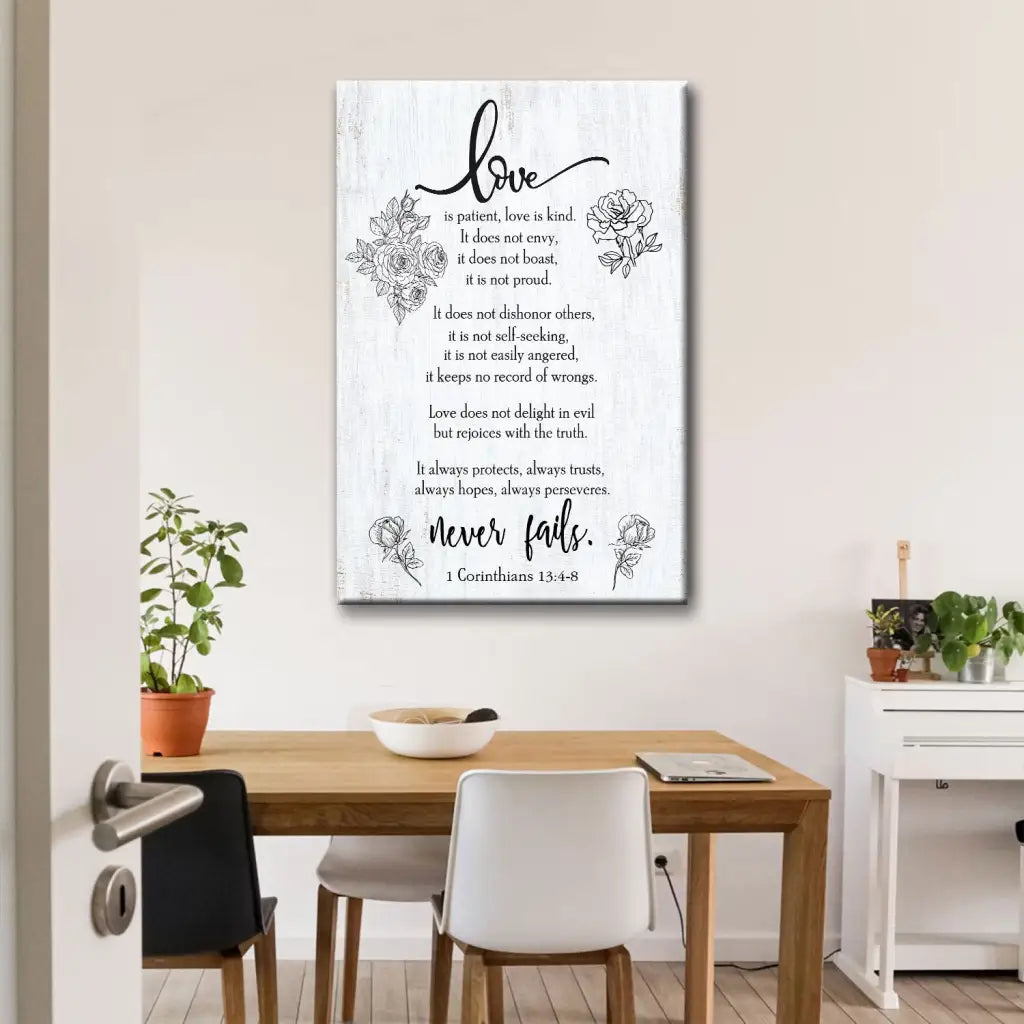 Love Never Fails 1 Corinthians 13:4-8 Wall Art Canvas
