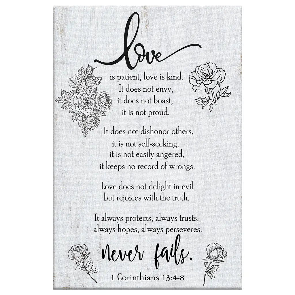 Love Never Fails 1 Corinthians 13:4-8 Wall Art Canvas