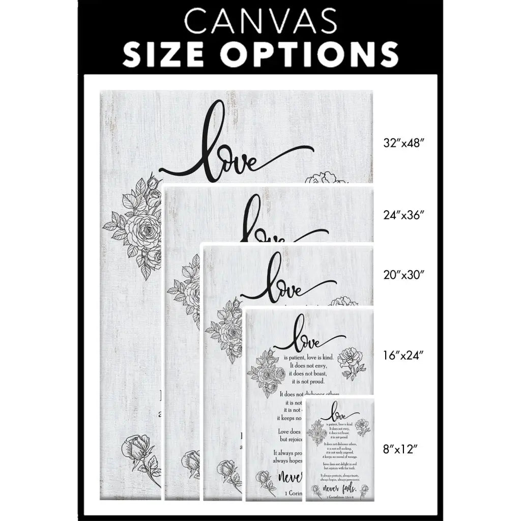 Love Never Fails 1 Corinthians 13:4-8 Wall Art Canvas