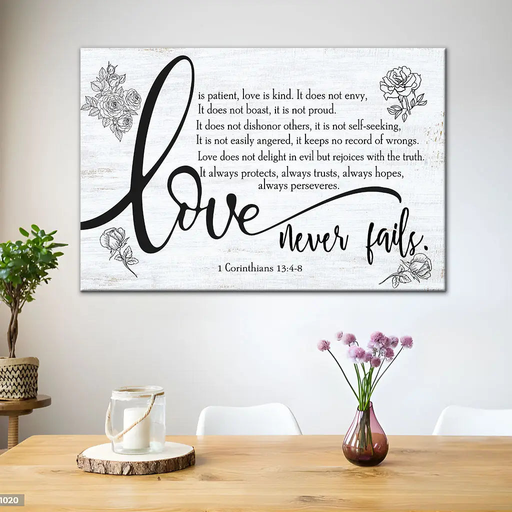 Love Never Fails 1 Corinthians 13:4-8 Wall Art Canvas