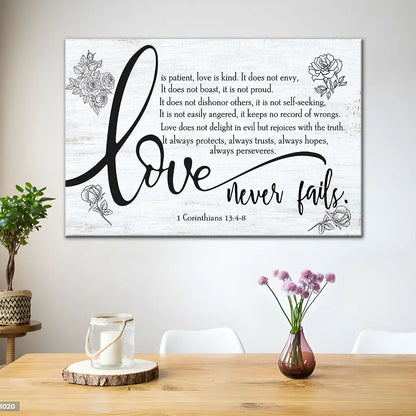 Love Never Fails 1 Corinthians 13:4-8 Wall Art Canvas