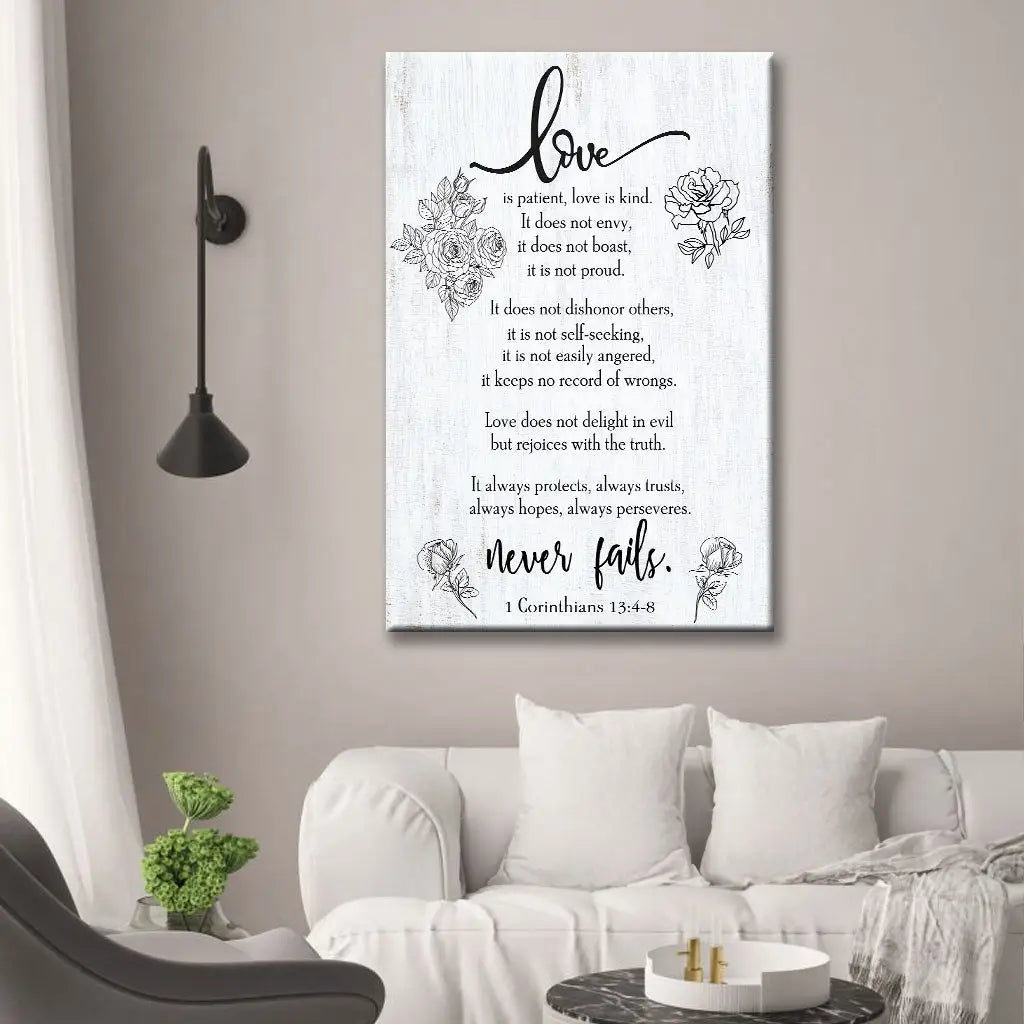 Love Never Fails 1 Corinthians 13:4-8 Wall Art Canvas