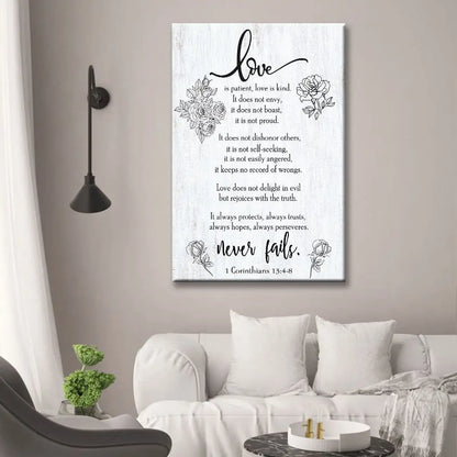 Love Never Fails 1 Corinthians 13:4-8 Wall Art Canvas