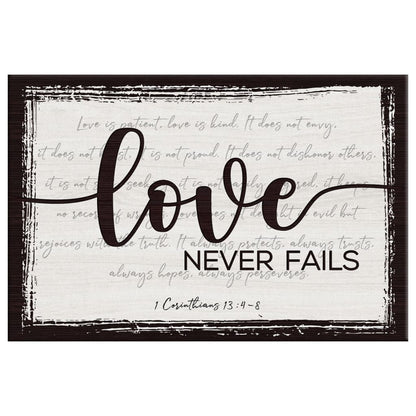 Rustic, Love Never Fails 1 Corinthians 13:4-8 Wall Art Canvas