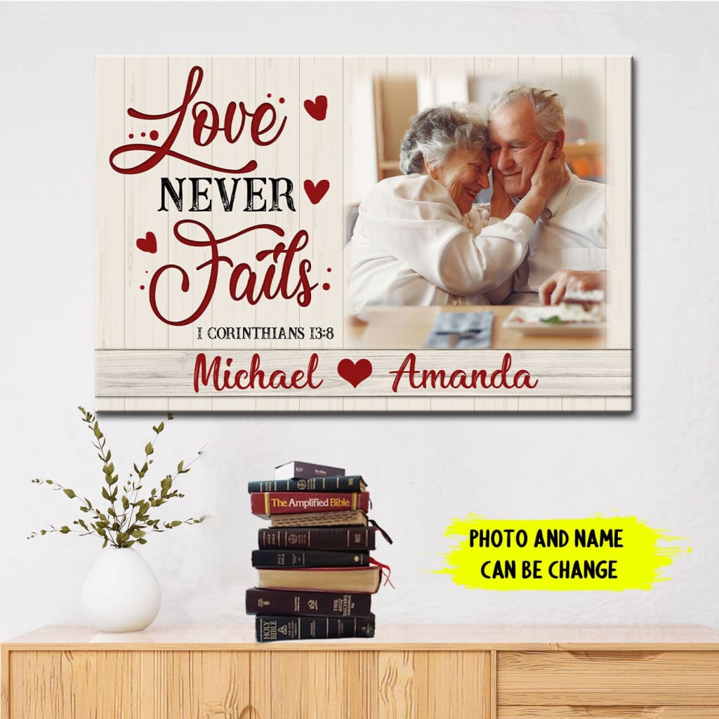 Personalized "Love Never Fails" Christian Wall Art Canvas with Custom Photo and Names