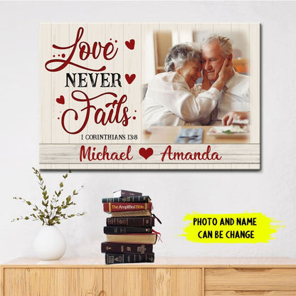 Personalized "Love Never Fails" Christian Wall Art Canvas with Custom Photo and Names
