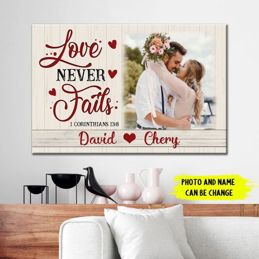 Personalized "Love Never Fails" Christian Wall Art Canvas with Custom Photo and Names