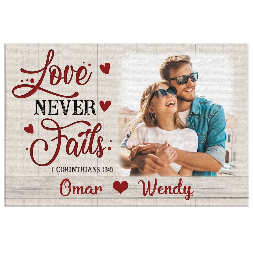 Personalized "Love Never Fails" Christian Wall Art Canvas with Custom Photo and Names